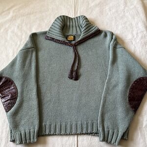 Lianne Barnes Womens Sweater Sz Sm Green Leather Details Elbow Pads 100% Cotton